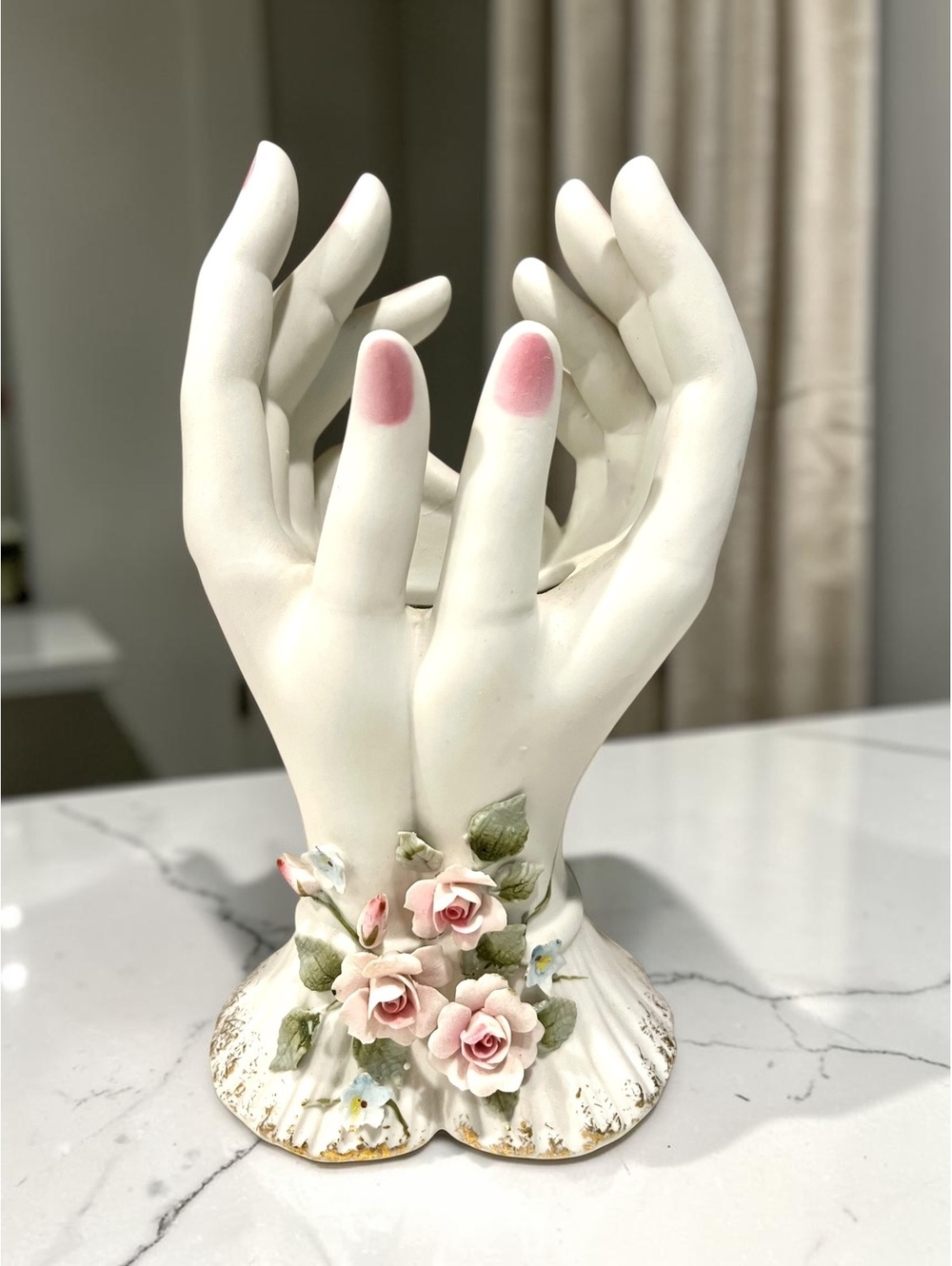 Vintage Lefton 1791 Lady Hands Bud Vase Bisque Porcelain Roses Japan 6.75”